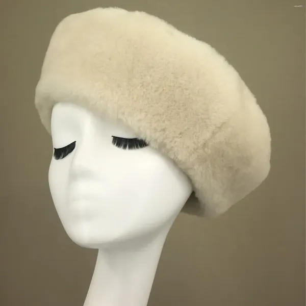 Berets Natürliche Schafe Pelz Für Frauen 2023 Pelzigen Winter Warme Elegante Dicke Kappe Mode Reine Farbe Allgleiches Wolle Hut b230802