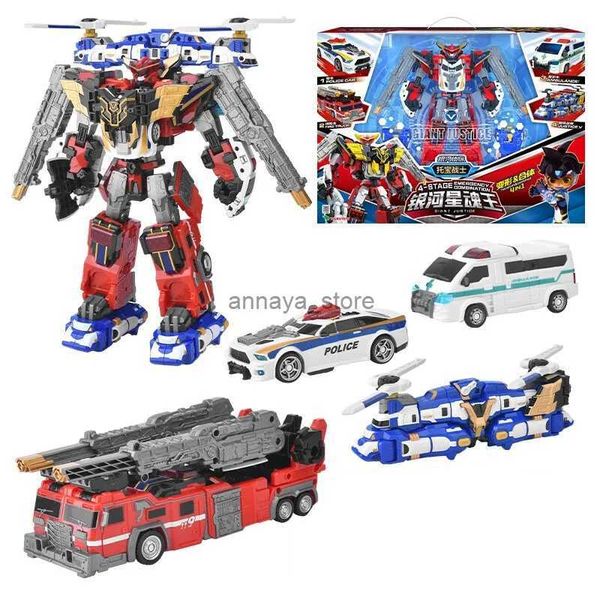 Aktionsspielfiguren 4 IN 1 Gigant Saver Transforming Robot to Car Toys Korea Cartoon Brothers Anime Deformation Car Toy for Child GiftL231216