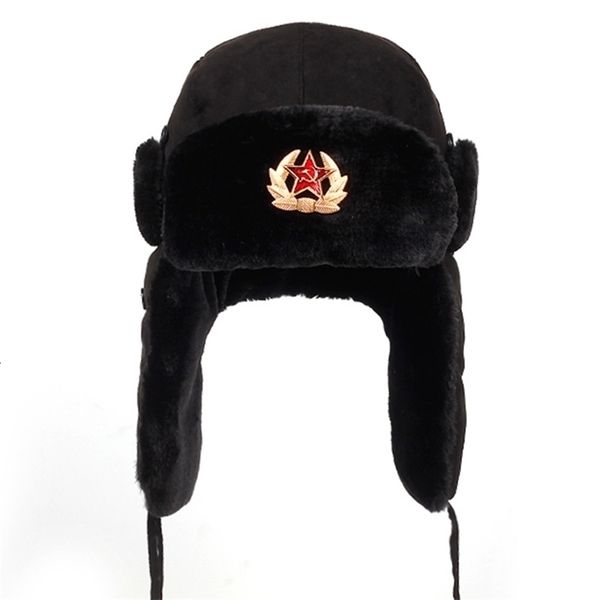 Chapéus de caçadores de crachá militar do exército soviético Rússia Ushanka Bomber Pilot Cap Winter Winter Faux Rabbit Fur Earflap Caps Hat 231219