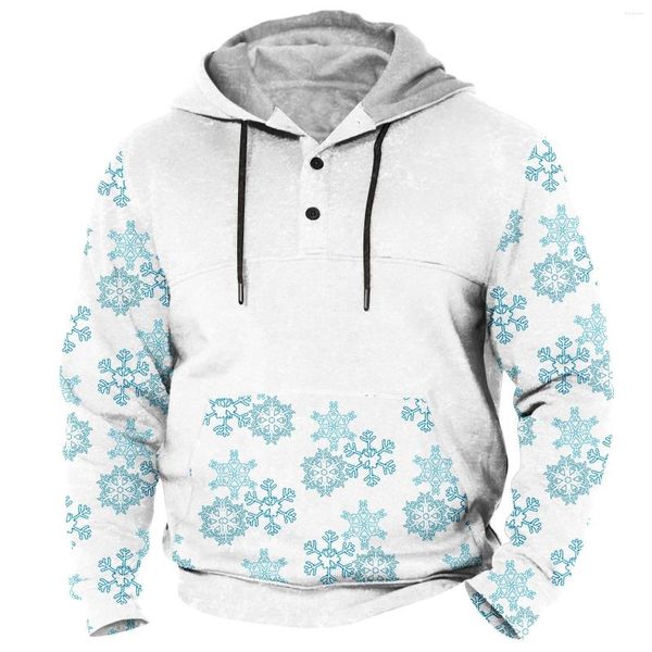 Hoodies masculinos natal floco de neve impresso hoodie retro minimalista ombro com capuz meio botão henry esportes camisola chapéu cordão