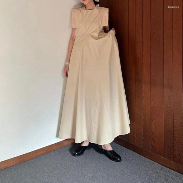 Vestidos casuais vintage elegante algodão longo maxi vestido verão 2023 mulheres japão marca flutter sem mangas puro cáqui preto roupas de cor
