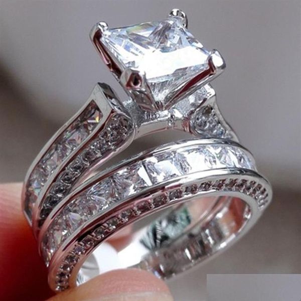 Eheringe 2 teile / los Silber Doppel Große Ringe Set Verlobung Für Frau Männer Zirkonia Ring Weibliche Damen Liebhaber Party Hochzeit Jewelr Dhxet