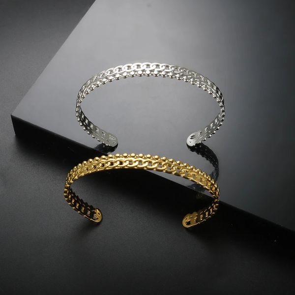 Bangle Clássico Aço Inoxidável Open Cuff Bangles Ajustável Bola Cadeia Metal Trigo Orelha Pulseira Para Mulheres Menina À Prova D 'Água Jóias Presente 231219