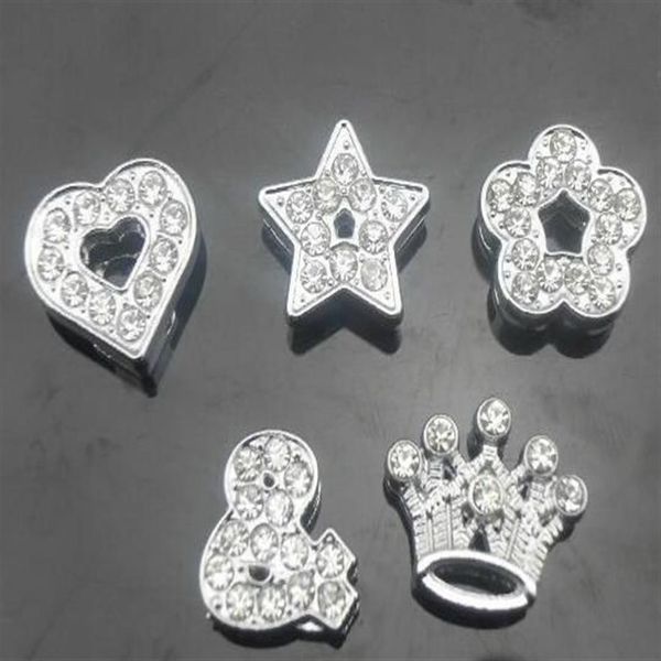 Todo 100 pçs lote 10mm mix estilos coração estrela coroa flor strass completo slide encantos apto para 10mm diy pulseira de couro287m