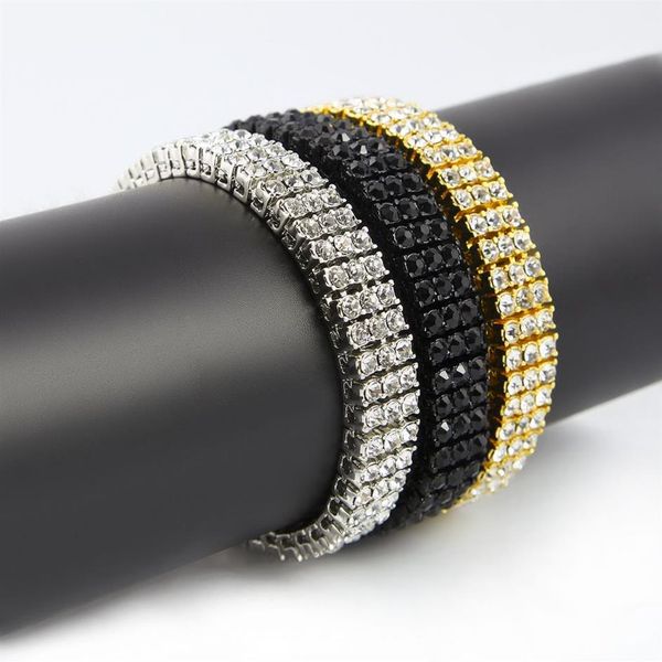 Masculino preto ouro prata acabamento 3 fileiras diamante simular pulseira 8 polegadas 12mm strass gelado hip hop bling ewelry2315