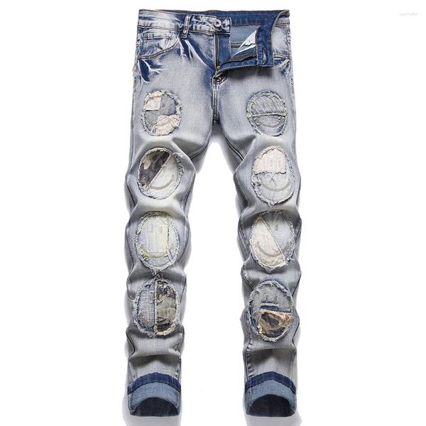 Erkek kot punk tarzı tasarım erkekler nakış denim sokak kıyafeti kamuflaj patchwork streç pantolon yırtılmış ince pantolon