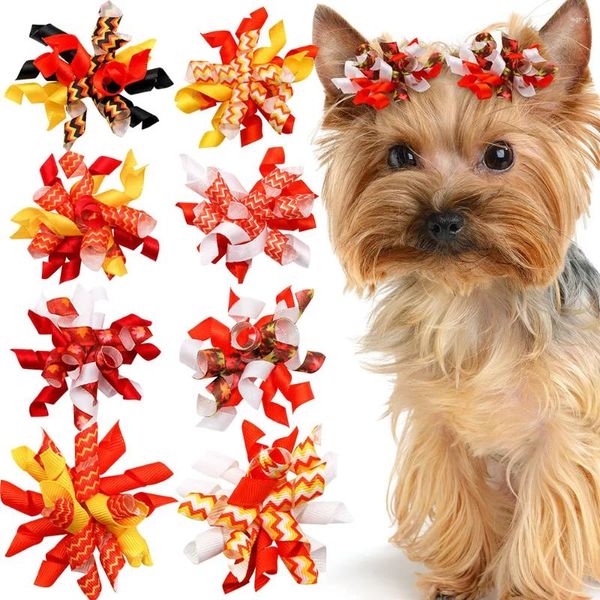 Köpek giyim 20pcs Sonbahar Şükran Günü Bows Moda Sevimli Tımar Kauçuk Band Pet Saç Aksesuarları Sonbahar