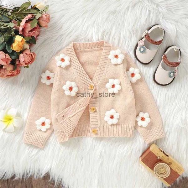 Pullover Prinzessin Baby Mädchen Strickjacke Pullover Jacke Langarm V-ausschnitt Knopfverschluss 3D Blume Winter Warme Strickwaren SäuglingskleidungL231215