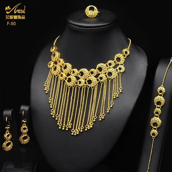 Conjuntos de jóias de casamento ANIID Dubai Tassel banhado a ouro para mulheres moda indiana nupcial colar e brinco 4pcs / set presentes de festa etíope 231219