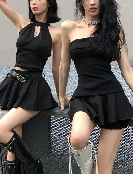 İş elbiseleri yaz siyah y2k iki parçalı etek seti kadınlar seksi gotik parti mini kadın Kore moda tasarımcısı ince zarif 2023