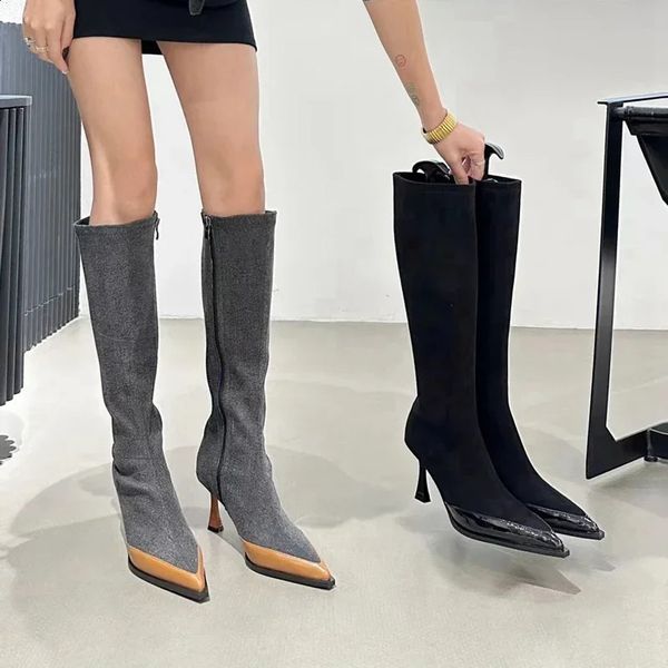 Stivali invernali da donna di marca stivali lunghi moda mix di colori stivali a punta alti al ginocchio scarpe sottili scarpe con tacco alto pompe S 231219