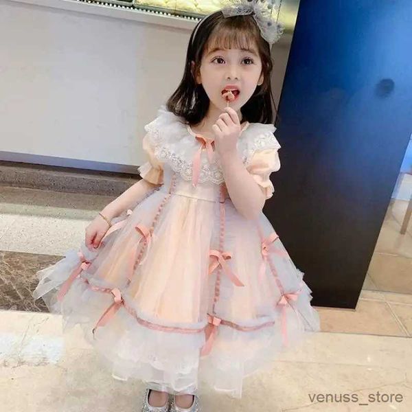 Vestidos da menina crianças roupas 2023 novas meninas verão manga curta arco vestido crianças lolita vestidos de princesa bebê malha inchado vestido de baile