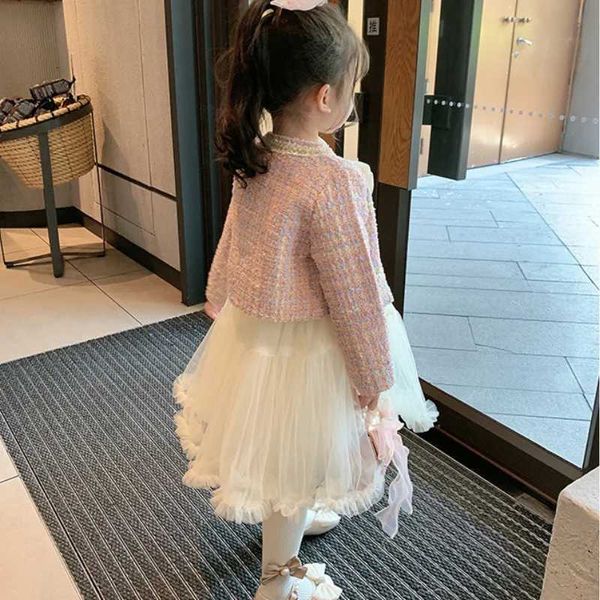 Abiti da ragazza Abiti per bambini Abiti primavera-autunno Giacca moda coreana + Abiti in rete Principessa dolce fiocco a maniche lunghe Bambini Set da 2 pezzi