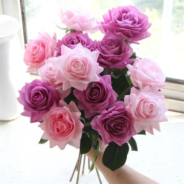 Real toque rosa ramo látex artificial rosa buquê decoração casa festa de casamento dia dos namorados presente de aniversário flores falsas