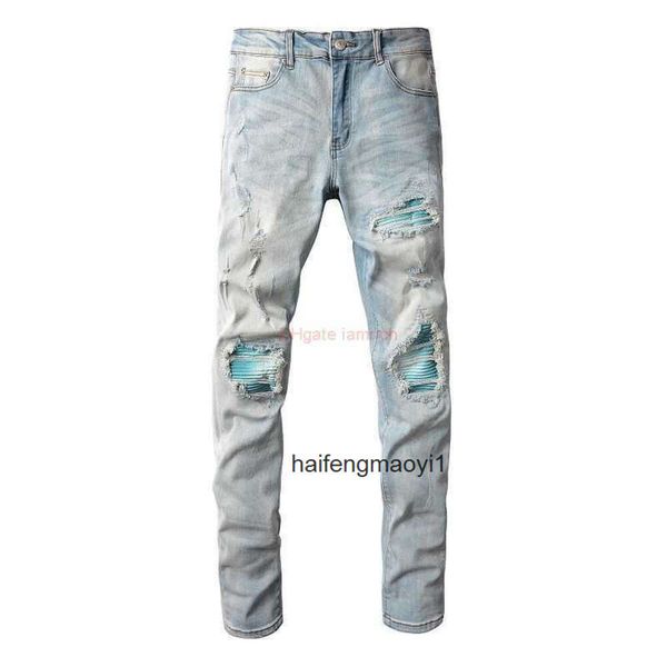 Jeans Wash am Amis Imiri Amiiri Designer-Kleidung Amari Denim-Hosen Modemarke es Light Blue Amirl Water Made Old Torn Amirlies Jeans Herren Bright Blue Patch You GW0R