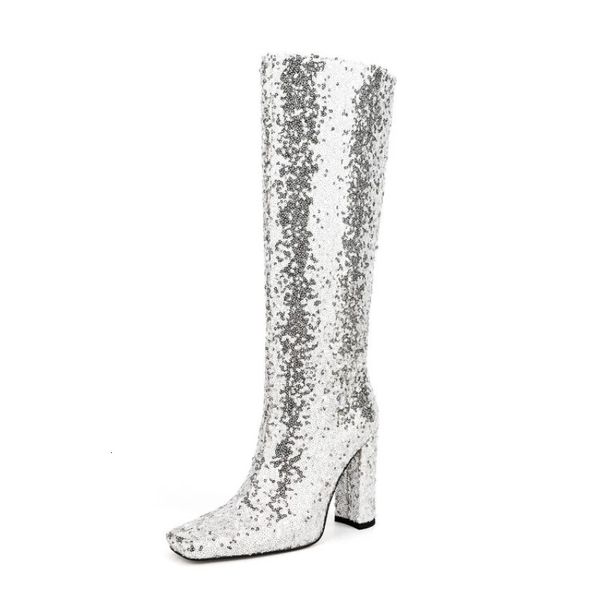 45 603 блестки большого размера зимний бренд мода Bling Bling High Boots Nightclub The Weels Heels Женщины взлетно -посадочная полоса Элегантная 231219