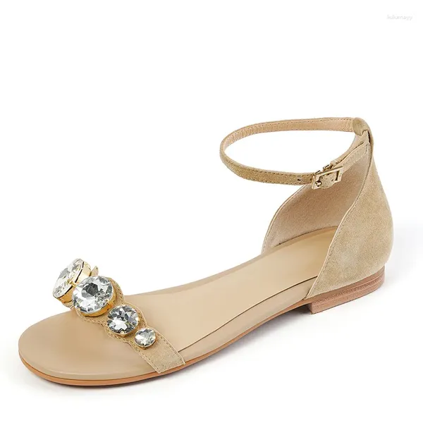 Sandálias Genuína Camurça Mulheres Strass 2023 Verão Baixo Salto Tornozelo-Strap Sandália Sexy Senhoras Preto Apricot Open Toe Shoes