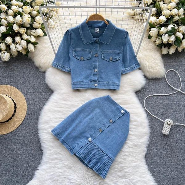 Vestidos de trabalho verão conjunto de duas peças pequena camisa jeans top cintura alta envolto quadril metade do corpo saia