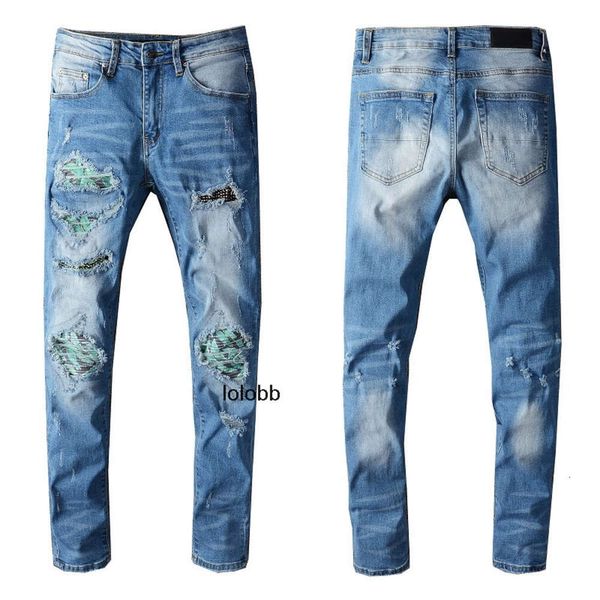 amiiri Distressed Knee amis imiri amari Herren Blue Jeans Slim Amirl Denim Hosen Zerrissene, zerfetzte Amirlies Ripped Man Rivet Patches Skinny und Straight With Holes Größe K4FL