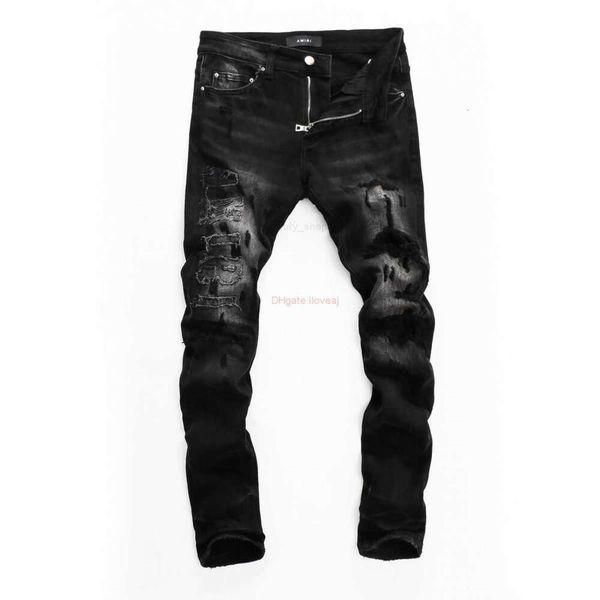 Designer-Kleidung, Amires-Jeans, Denim-Hosen, Mode für Herren, Amies-Herrenbekleidung, Loch-Patch, Jugend, eng anliegend, bedruckt, schwarz, lässig, Distressed, zerrissene Haut