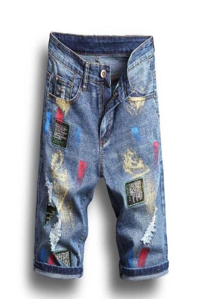 QNPQYX Nuovi uomini Jeans corti Aggiornato Pittura biker jeans Pantaloncini Pantaloni Skinny Strappati fori Men039s Pantaloncini di jeans da uomo Designer jean9139773