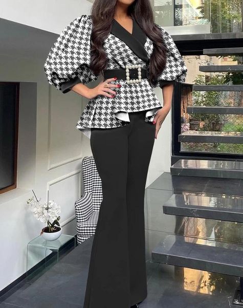 Calças femininas de duas peças define roupas femininas 2024 primavera fahsion houndstooth impressão babados com decote em v lanterna manga topo casual conjunto queimado