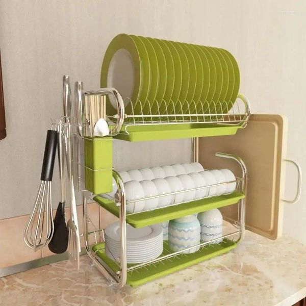 Stoccaggio da cucina Scolapiatti a 3 livelli Scolapiatti in acciaio inossidabile con ganci per scolapiatti Organizzatore per utensili