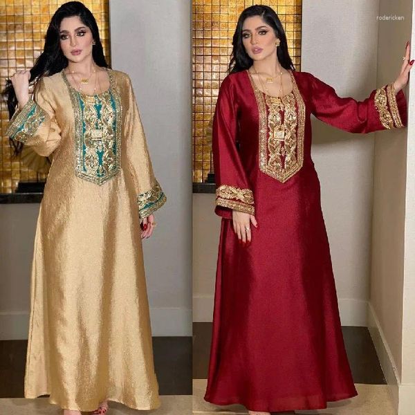 Abbigliamento etnico Ramadan Islamico Lusso Musulmano Moda Oro Seta Abito con paillettes Abito da donna Jalabiya Dubai Arabo Elegante