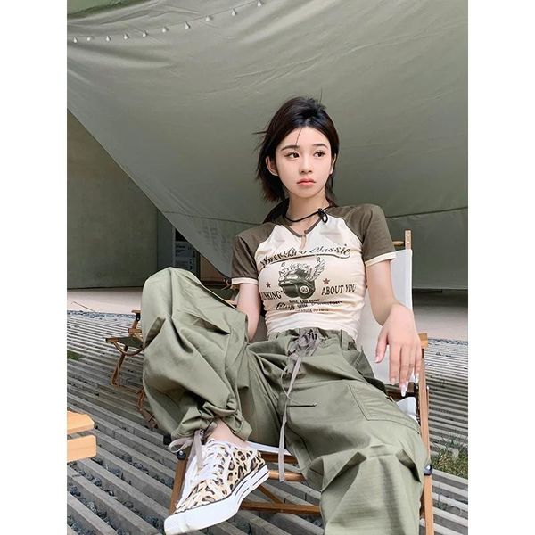 Jeans Frauen Vintage Straße Grün Camo Hosen Breites Bein Hohe Taille Gerade Baggy Lässige Mode Selbst Kultivierung Hosen Damen sommer