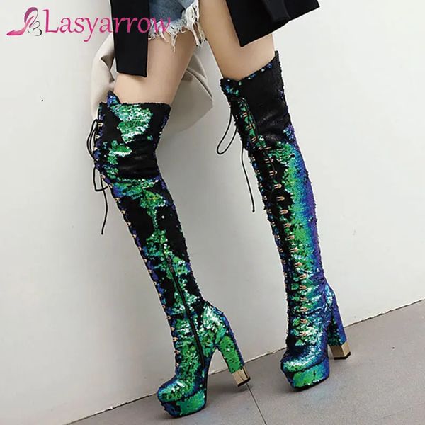 Lantejoulas 553 A plataforma do joelho Lasyarrow Bling sobre as botas laterais Botas retas Sapates Stage