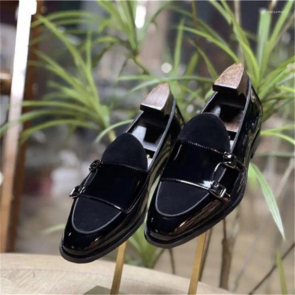 Sapatos de vestido apontou toe design de moda real couro mens mocassins preto casual para festa de casamento monge fivela dupla homens