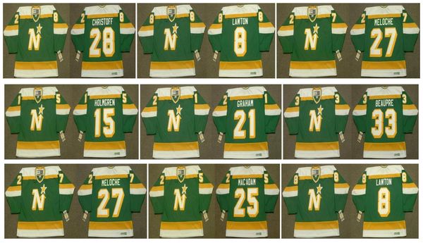 Vintage Minnesota North Stars Trikot GILLES MELOCHE AL MACADAM BRIAN LAWTON PAUL HOLMGREN 21 DIRK GRAHAM 28 CHRISTOFF BEAUPRE Retro Hockey 74