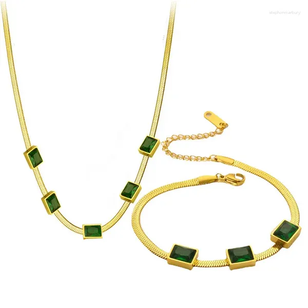 Colar brincos conjunto inoxidável steelsnake osso corrente quadrado verde zircão pulseira titânio jóias de casamento para mulher