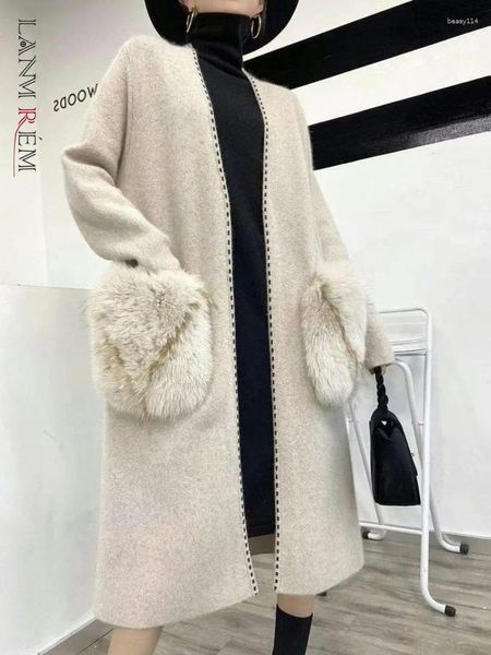 Pele feminina lanmrem high end meados de comprimento casaco para mulher com decote em v emendado bolsos design roupas de luxo moda inverno 24467