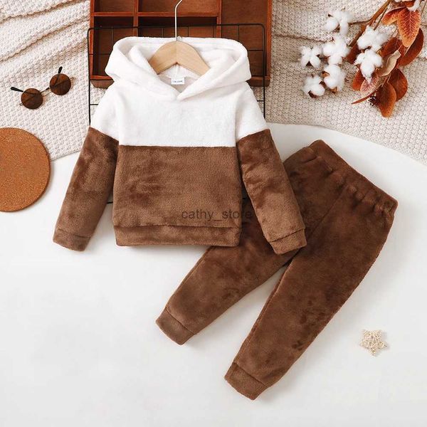 Pulôver LAPA 18M-6Y Meninos Terno Casual Crianças Flanela Contraste Cor Manga Longa Com Capuz Top + Calça 2 Pcs Set Inverno Novos Meninos Moletom OutfitL231215