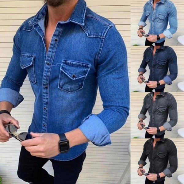 Camicie casual da uomo Camicia da uomo Tessuto denim Retro Smart Sottile Tendenza moda Tinta unita Modellante Top facile da abbinare per uomo