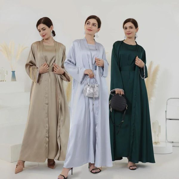 Sıradan Elbiseler Dubai Bahar/Yaz Günlük Düz Renkli Boncuklu Elbise Setler Kadınlar İki Parçalı Robe Cardigan Vestidos de Mujer Türkiye Tunik