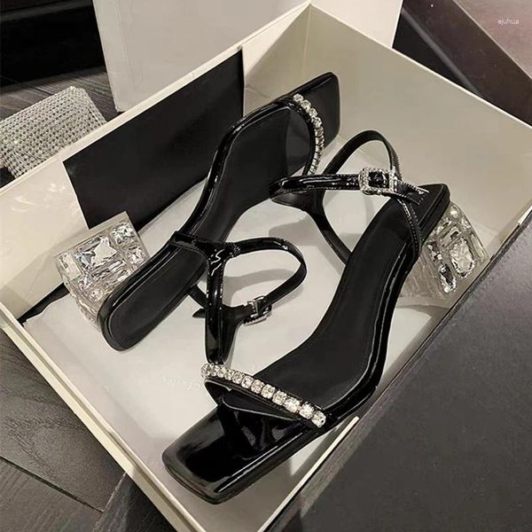 Scarpe eleganti Sandali di cristallo di lusso Sandali con cinturino alla caviglia con strass da donna Sandali con tacco medio Festa serale estiva da donna in colore nero argento