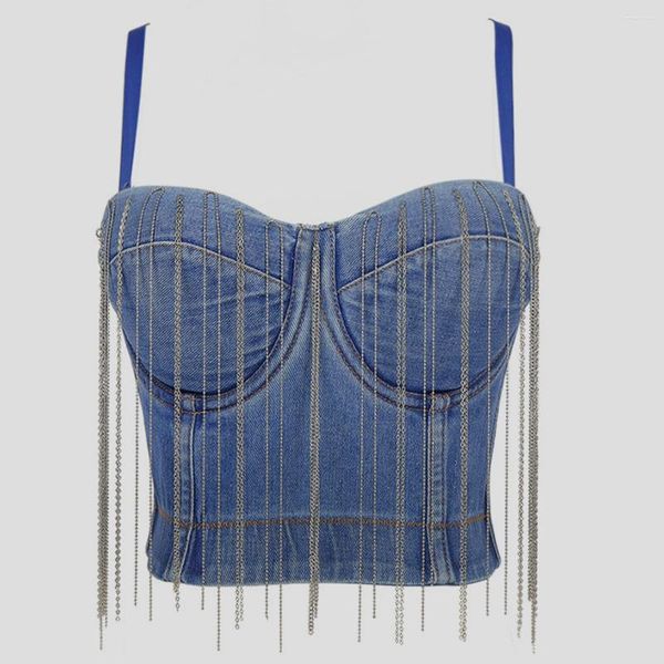 Kadın Tankları Korse Tops Denim Püskül Üst Push Up Bra Nightclub Partisi Kırpılmış Seksi Kadın Mujer