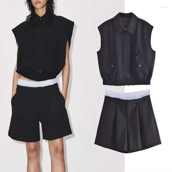 Shorts femininos mulheres preto plissado conjuntos 2023 casual cintura alta solta perna larga feminino lapela bolsos zip colete streetwear