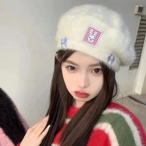 Berets Koreanische Version von Sweet And Fur Plüsch Mädchen Baskenmütze Winter Rot Plaid Bogen Einfarbig Warm zu halten Maler Hut für Frauen