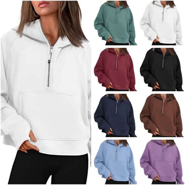 lu lulemens Felpe con cappuccio da donna Felpe con cappuccio Felpe con cappuccio da donna Felpe oversize con mezza zip Felpe corte in pile Abbigliamento sportivo da palestra con tasche Foro per il pollice Autunno Lus