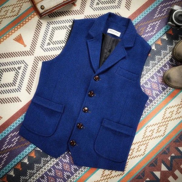 Gilet da uomo Gilet Steampunk Formale Abito blu reale Maschile Springs Plaid Giacca a spina di pesce Gilet di tweed per uomo Abito da sposa