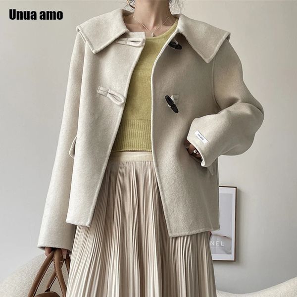 Misturas de lã feminina outono inverno casaco duplo para mulheres 2023 gola marinha chifre botão design estilo universitário simples jaqueta de lã casual 231218