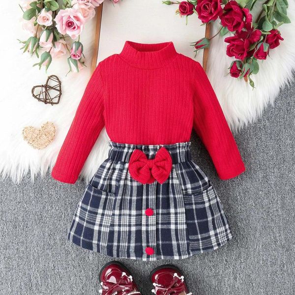 Conjuntos de roupas Criança Bebê Meninas Roupas 0-4Y Manga Longa Gola Red Ribbed Tops Xadrez Imprimir Saias Duas Roupas Ano