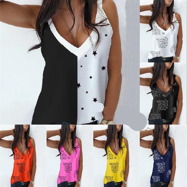 Kadın Tankları Yaz Moda Basılı Mektup V Yastık Kolsuz Bloklu Tank Top Modaya