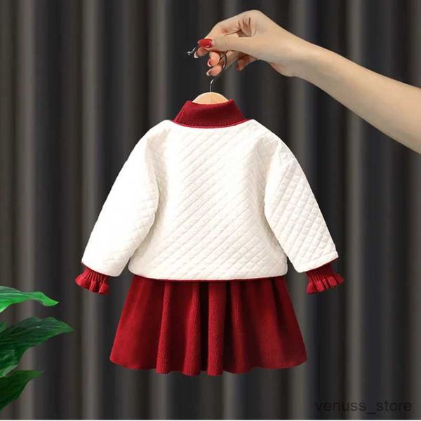Платья для девочек, костюм для девочек, осенне-зимний детский модный костюм для рождественской вечеринки, детский вязаный свитер, красное платье + куртка, комплекты из 2 предметов