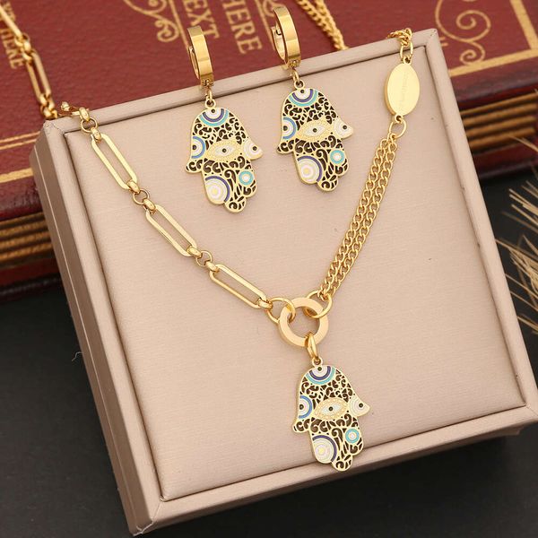 Nuovo arrivo placcato oro in acciaio inossidabile Lucky Hamsa mano orecchino braccialetto collana set di gioielli per le donne