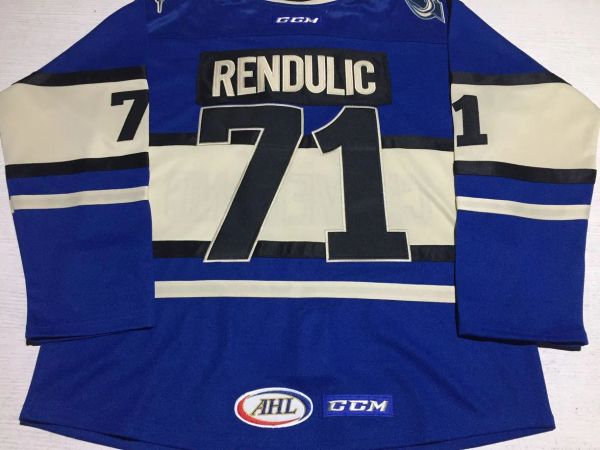 Personalizza AHL #71 Borna Rendulic Hockey Cleveland Lake Erie Monsters Premier CCM Maglia Blu Beige cucita S-5XL 36