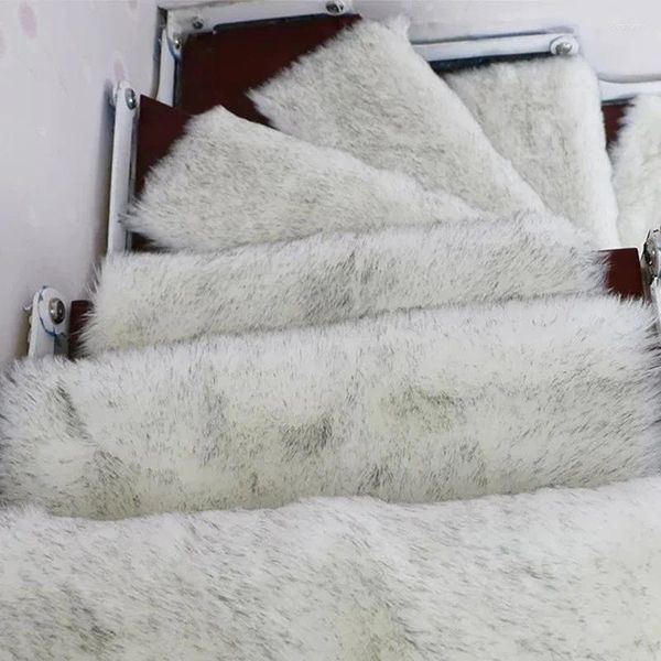 Tapetes 2 pcs escadas macias tapete longo pelúcia falso lã tapete antiderrapante retângulo auto-adesivo tapetes de escada passo proteção capa